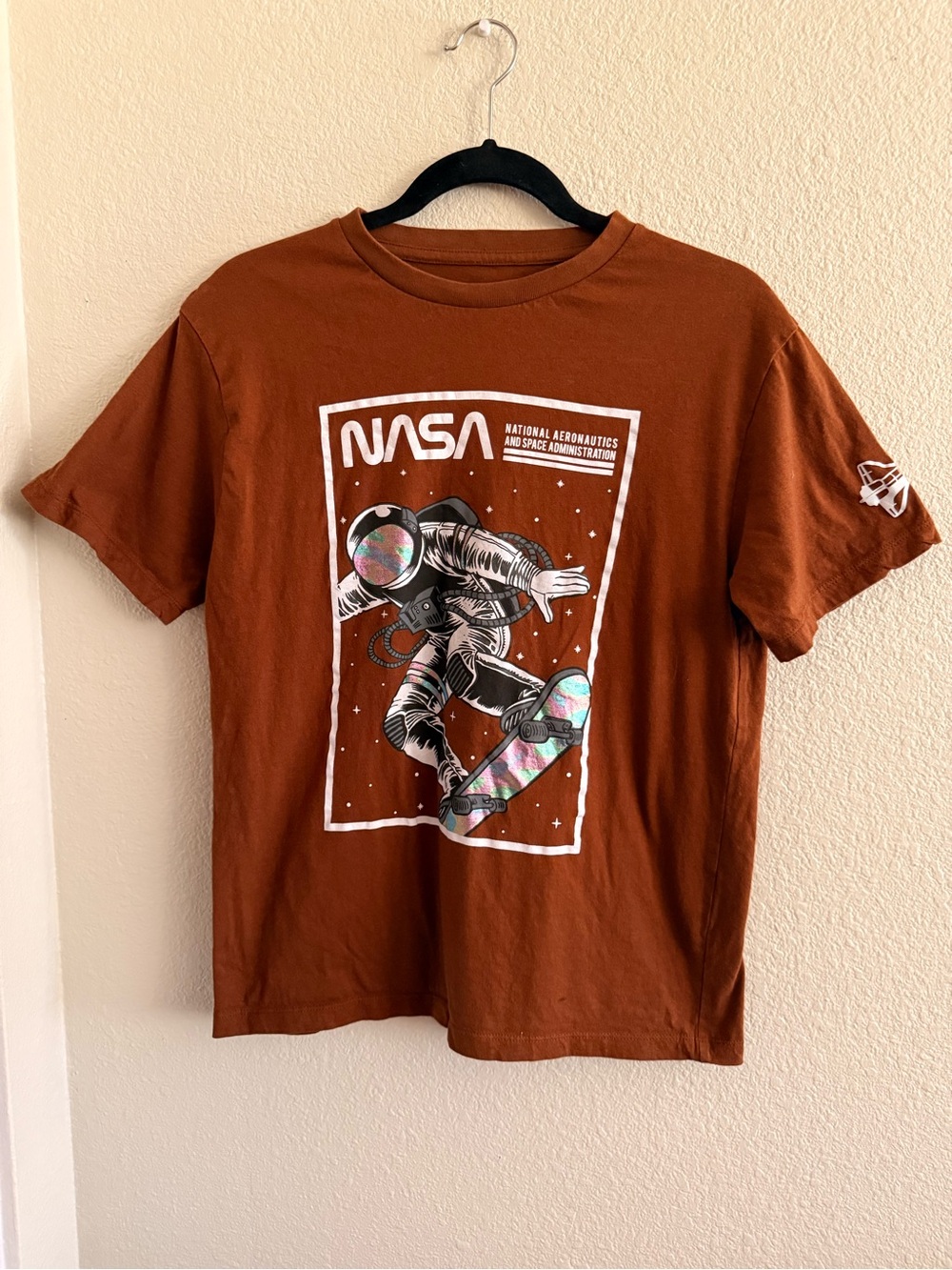 NASA Kids' Short Sleeve Tee in Rust Brown - Astronaut Skate Graphic